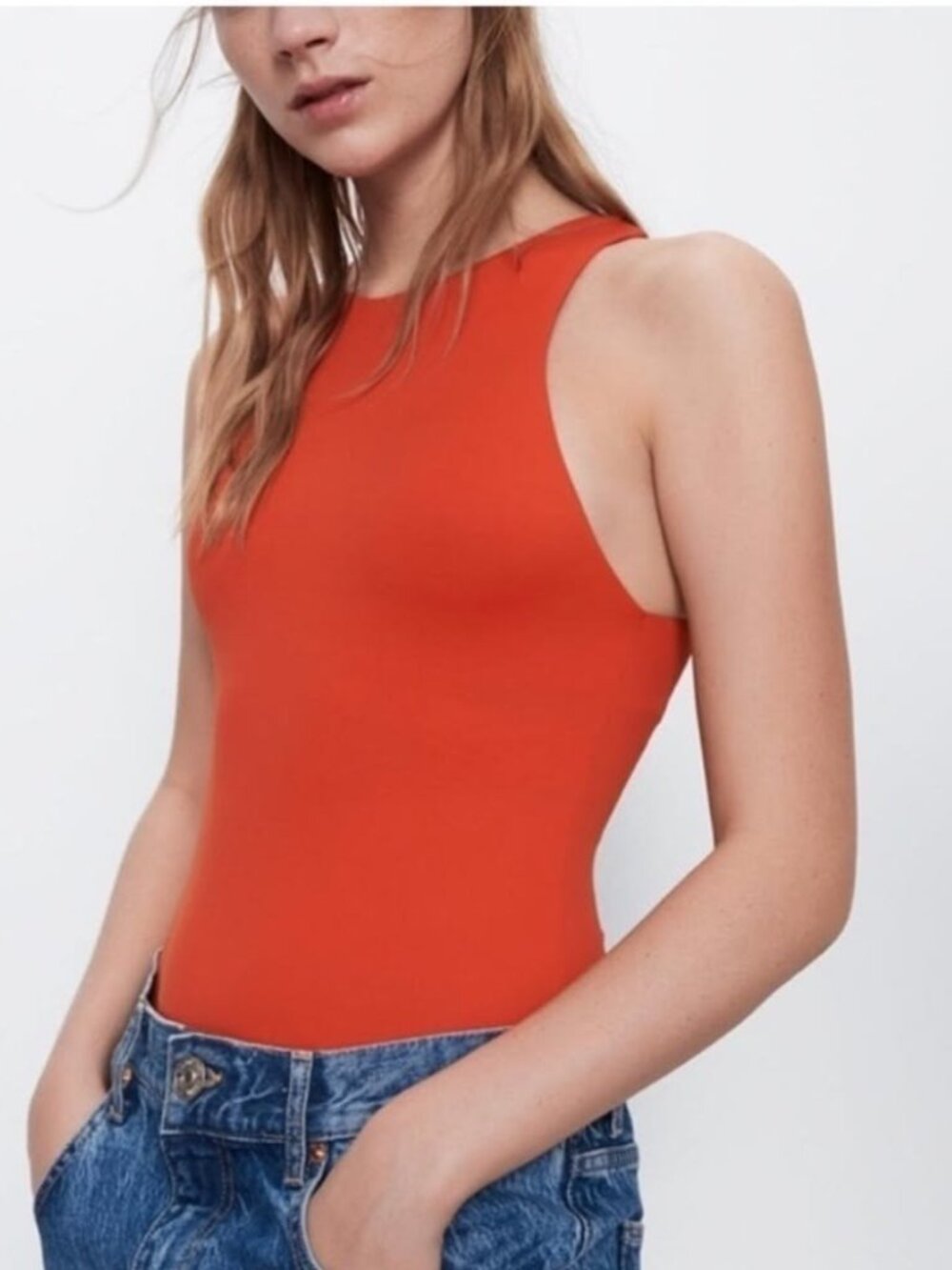 Zara Dark Orange High Neck Smooth Contour Sleeveless Bodysuit